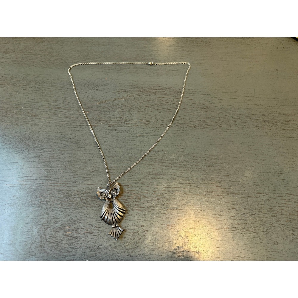 Vintage Silver Tone Long Owl Pendant Necklace Textured Boho Whimsical Statement